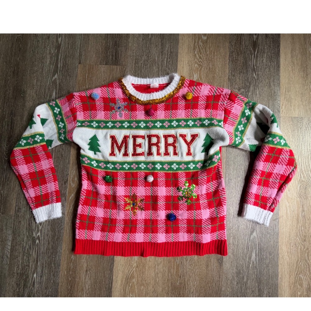 Holiday Time Ugly Christmas Sweater Womens Medium Red MERRY Plaid Pom Pom Sequin
